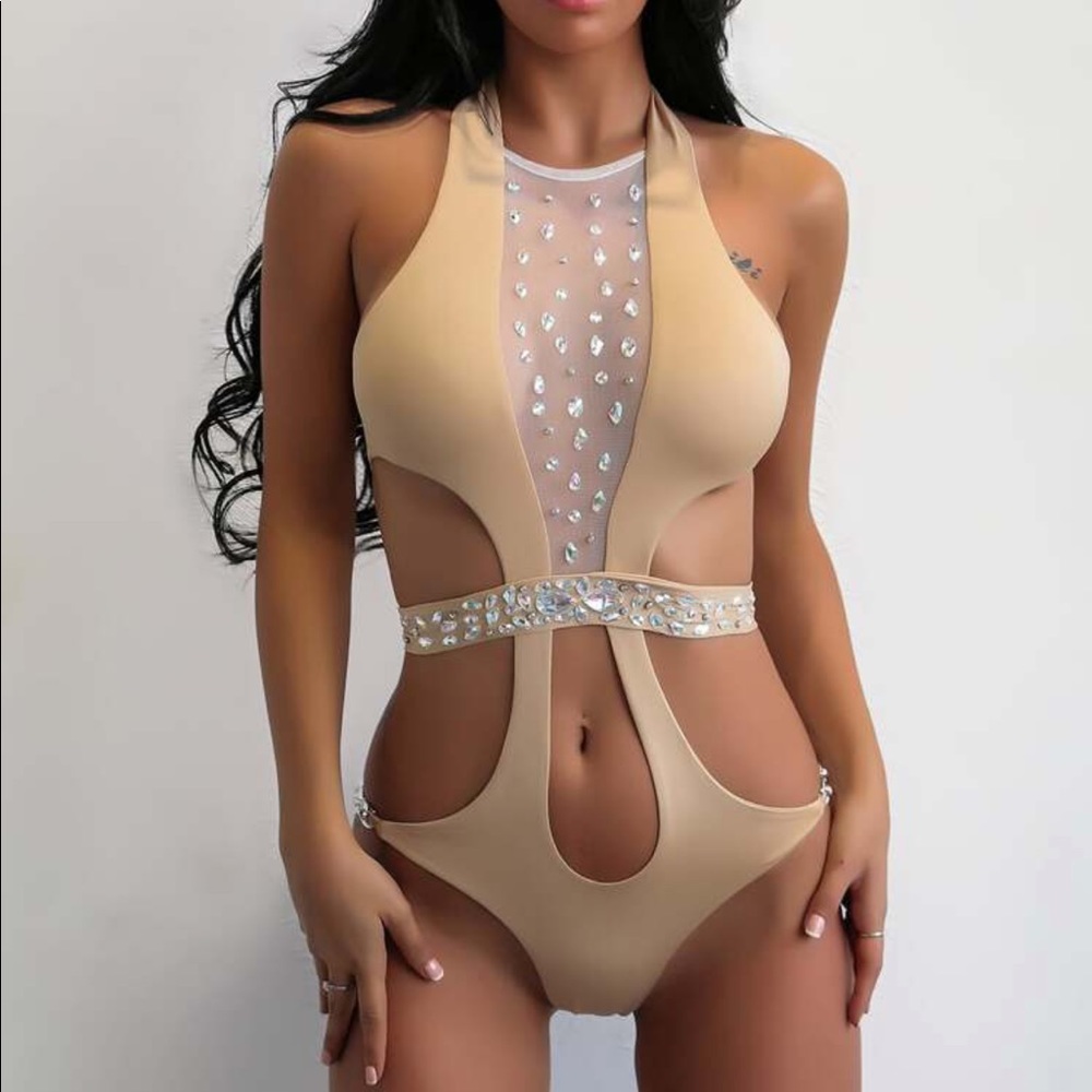 Nude mesh rhinestone swimsuit